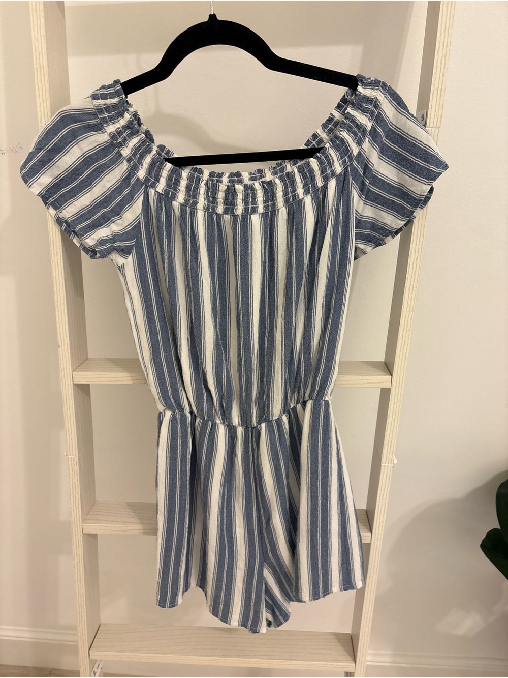 Hollister Blue & White Striped Off-Shoulder Romper